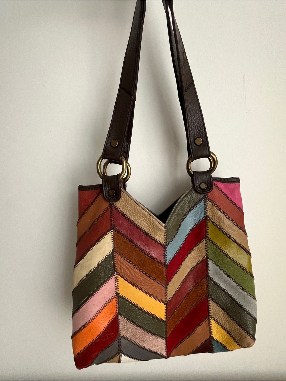 ⁠RARE Lucky Brand Multicolor Chevron Patchwork Leather Tote Bag Vintage Y2K